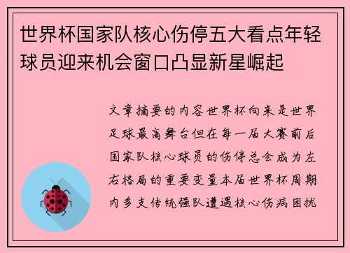 世界杯国家队核心伤停五大看点年轻球员迎来机会窗口凸显新星崛起