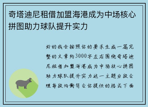 奇塔迪尼租借加盟海港成为中场核心拼图助力球队提升实力